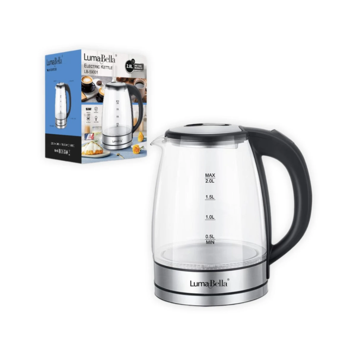 صورة غلاية ماء كهربائية 2 لتر - زجاج صحي بالكامل - غليان سريع مع إضاءة LED