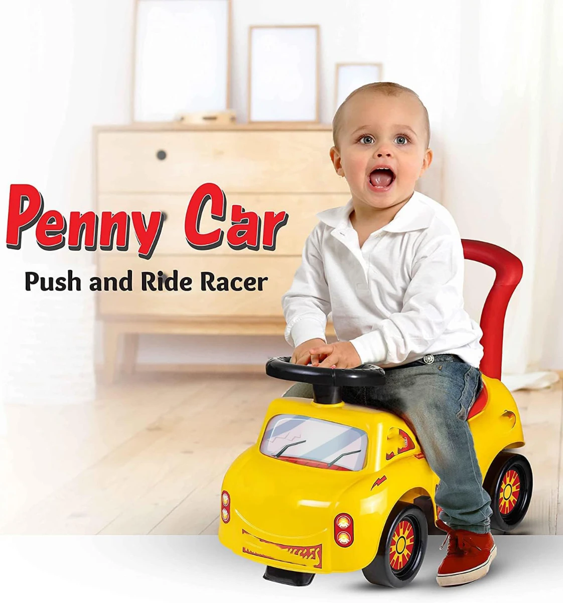 صورة سيارة دفع وركوب للأطفال الصغار (1-3 سنوات) - مع مقبض تحكم وتخزين - تيكتويز - لون أصفر