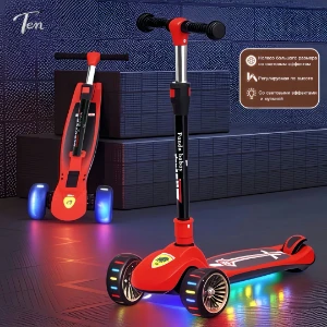 صورة سكوتر أطفال ثلاثي العجلات مضيء (LED) - مقبض قابل للتعديل والطي - آمن وممتع