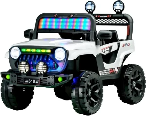 صورة سيارة جيب كهربائية للركوب للأطفال، لون أبيض مع أضواء ليد، نمط الطرق الوعرة، سيارة تعمل بالبطارية 12 فولت مع شريط إضاءة وجهاز تحكم عن بعد