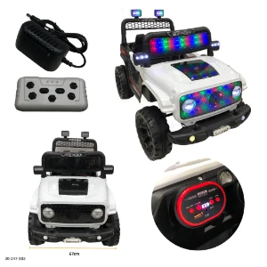 صورة سيارة جيب كهربائية للركوب للأطفال، لون أبيض مع أضواء ليد،