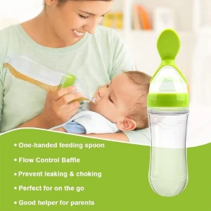 صورة زجاجة رضاعة سيليكون ناعمة بملعقة - موزع طعام قابل للضغط للأطفال