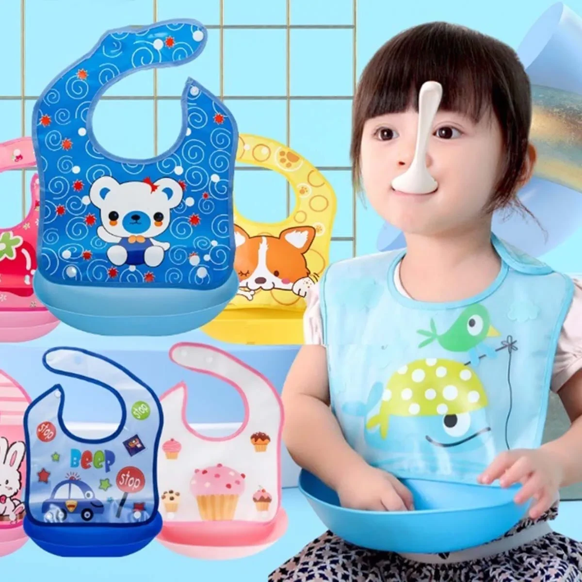 صورة مريلة أكل سيليكون للبيبي مقاومة للماء مع جيب تجميع الطعام