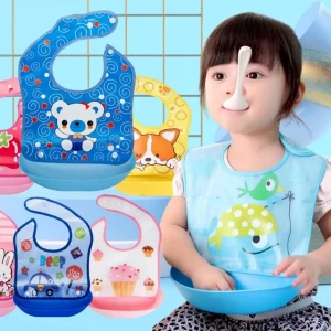 صورة مريلة أكل سيليكون للبيبي مقاومة للماء مع جيب تجميع الطعام