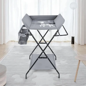 صورة طاولة تغيير حفاضات أطفال قابلة للطي بارتفاع قابل للتعديل مع منظم ورف تخزين