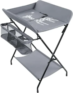 صورة طاولة تغيير حفاضات أطفال قابلة للطي بارتفاع قابل للتعديل مع منظم ورف تخزين