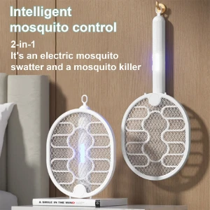 صورة مضرب البعوض الكهربائي القابل للطي المنزلي القابل لإعادة الشحن ومصباح البعوض المحمول على الحائط والصدمات الكهربائية.