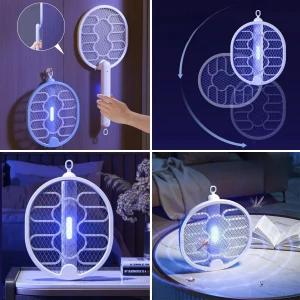 صورة مضرب البعوض الكهربائي القابل للطي المنزلي القابل لإعادة الشحن ومصباح البعوض المحمول على الحائط والصدمات الكهربائية.