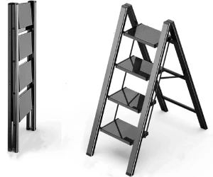 صورة سلم كهربائي صناعي منزلي قابل للطي 4 خطوات – ألومنيوم خفيف الوزن مضاد للانزلاق – لون أسود