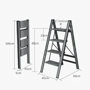 صورة سلم كهربائي صناعي منزلي قابل للطي 4 خطوات – ألومنيوم خفيف الوزن مضاد للانزلاق – لون أسود