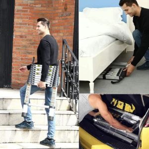 صورة سلم تلسكوبي قابل للطي ومحمول من الألمنيوم — متعدد الاستخدامات، حمولة 150 كجم