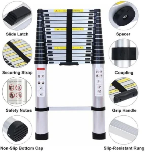 صورة سلم تلسكوبي قابل للطي ومحمول من الألمنيوم — متعدد الاستخدامات، حمولة 150 كجم