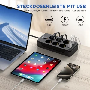 صورة مشترك طاقة 6 فتحات مع 3 USB 3 نوع C شريط طاقة VINISEM مقبس شحن تمديد OEM ODM