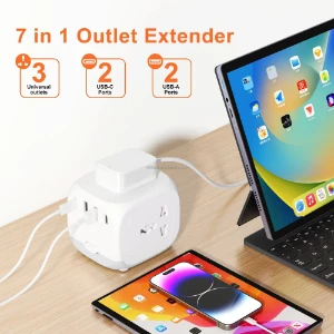 صورة مشترك كهرباء مربع متعدد الوظائف — 3 فتحات مع منفذ USB ومنفذ Type-C