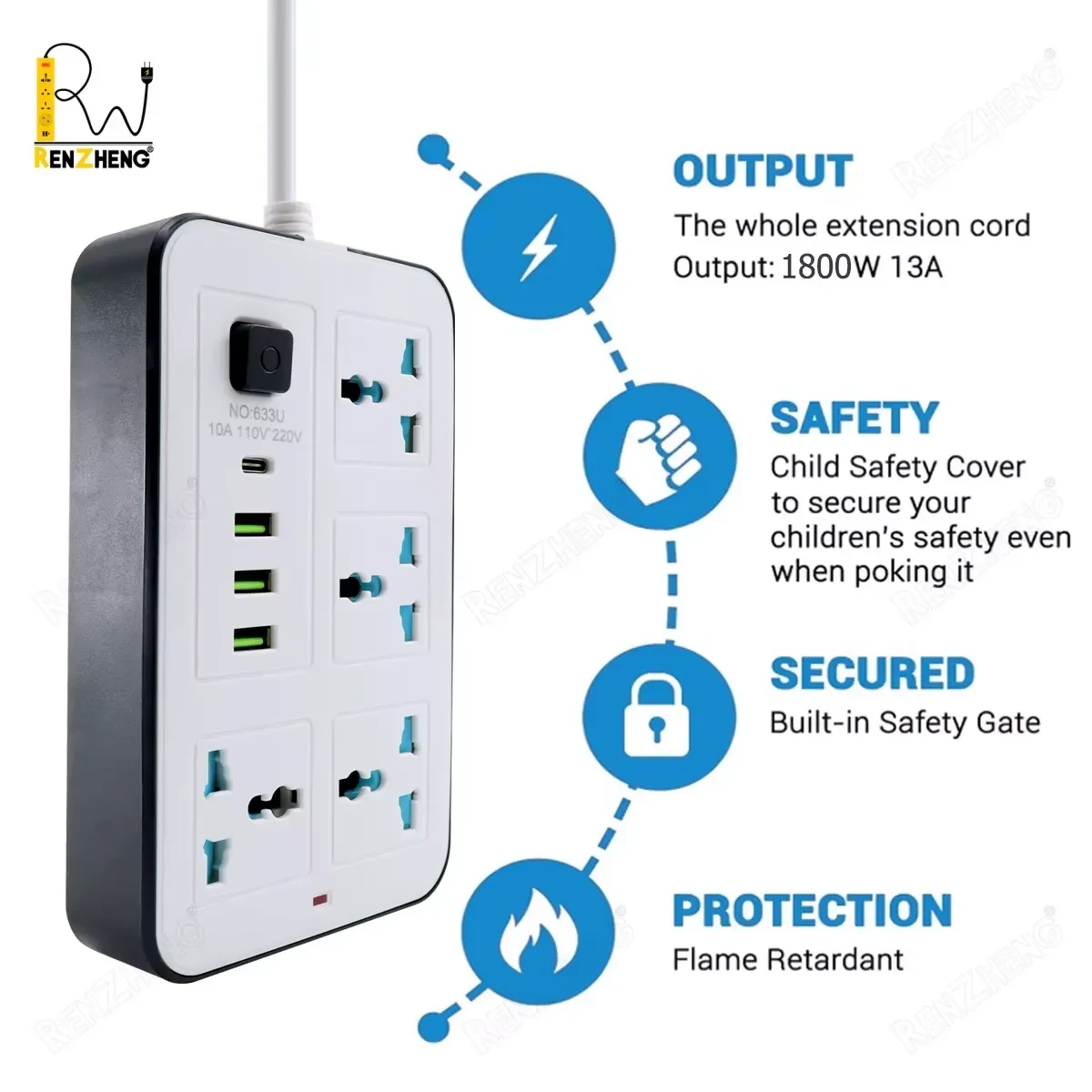 صورة مشترك طاقة مع 4منافذ + 3 USB + منفذ Type-C