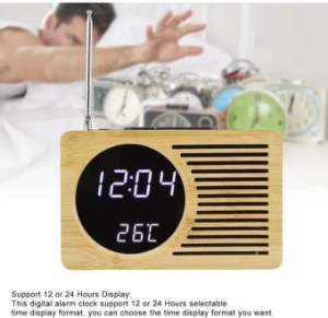صورة راديو وساعة منبه خشبية عتيقة مع راديو، مصباح مرآة أبيض متعدد الوظائف ، ساعة منبه صامتة كسولة، هدية ساعة إلكترونية إبداعية،