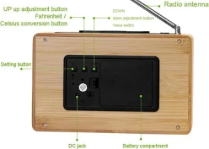 صورة راديو وساعة منبه خشبية عتيقة مع راديو، مصباح مرآة أبيض متعدد الوظائف ، ساعة منبه صامتة كسولة، هدية ساعة إلكترونية إبداعية،