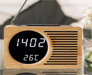 صورة راديو وساعة منبه خشبية عتيقة مع راديو، مصباح مرآة أبيض متعدد الوظائف ، ساعة منبه صامتة كسولة، هدية ساعة إلكترونية إبداعية،