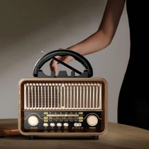 صورة راديو محمول كلاسيكي كلاسيكي ايه ام اف ام اس دبليو من سينكسي يعمل ببطارية قابلة لاعادة الشحن، يدعم الموجات القصيرة، بطاقة ميركو اس دي/ تي اف، مشغل يو اكس USB، مكبر صوت بلوتوث للمنزل والخارج