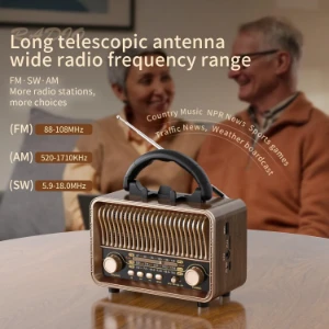 صورة راديو محمول كلاسيكي كلاسيكي ايه ام اف ام اس دبليو من سينكسي يعمل ببطارية قابلة لاعادة الشحن، يدعم الموجات القصيرة، بطاقة ميركو اس دي/ تي اف، مشغل يو اكس USB، مكبر صوت بلوتوث للمنزل والخارج