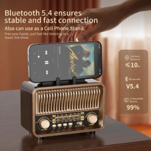 صورة راديو محمول كلاسيكي كلاسيكي ايه ام اف ام اس دبليو من سينكسي يعمل ببطارية قابلة لاعادة الشحن، يدعم الموجات القصيرة، بطاقة ميركو اس دي/ تي اف، مشغل يو اكس USB، مكبر صوت بلوتوث للمنزل والخارج