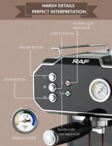صورة ماكينة تحضير قهوة إسبريسو منزلية احترافية R.104 بقدرة 850 وات من راف، متعدد الألوان، ستانلس ستيل