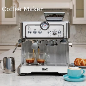 صورة ماكينة صنع قهوة RAF - ماكينة إسبريسو بقوة 1350 واط، سعة كبيرة 2.3 لتر، دورة تخمير مزدوجة، مطحنة مدمجة، خافق حليب، سهلة التنظيف، ماكينة قهوة احترافية للباريستا