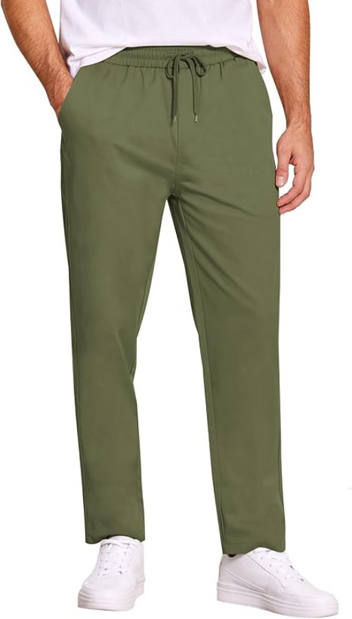 صورة بنطلون رجالي قطني كاجوال، قصة عادية، خصر مطاطي، رباط، بنطلون تويل، بنطلون تشينو بساق مستقيمة