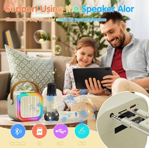 صورة الة كاريوكي للاطفال والكبار، مكبر صوت كاريوكي بلوتوث محمول مع 2 ميكروفون لاسلكي واضواء ملونة، الة كاريوكي صغيرة للبنات والاولاد في عيد الميلاد -
